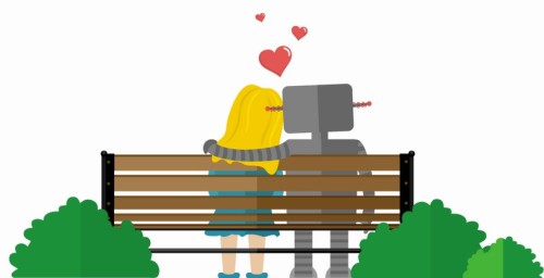 cartoon of girl and robot in love
